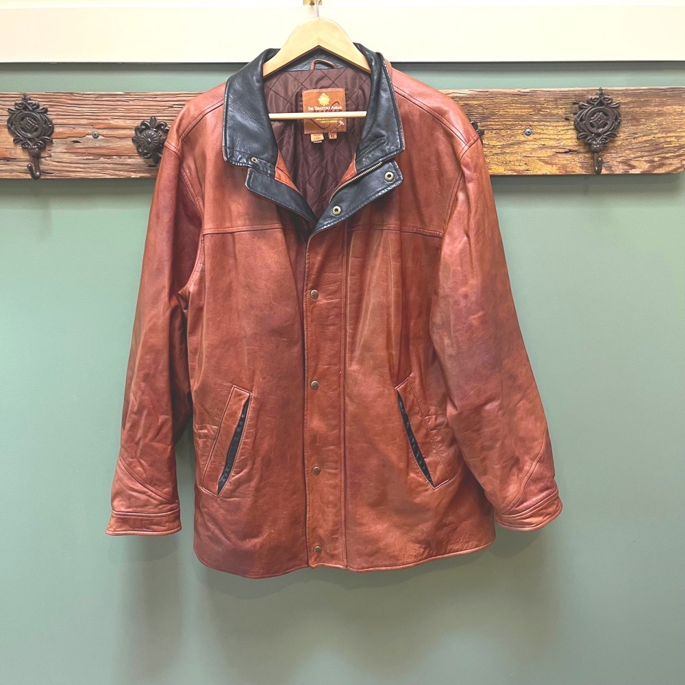 The Territory Ahead Mens Vintage XL Genuine Leather Jacket Brown Cognac Quilted